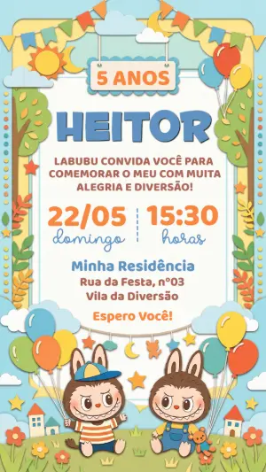 Convite de Aniversário Labubu Estilo Paper Cut Editável