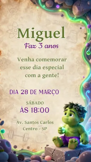 Convite de Aniversário Hulk Bebê Cientista Modelo Editável