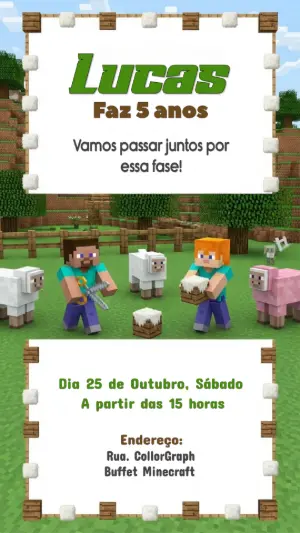Convite de Aniversário Minecraft com Personagens para Editar