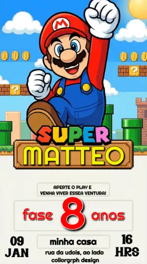 Convite Animado Super Mario Aniversário Infantil para Editar