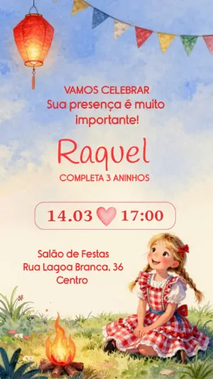 Convite Aniversário Festa Junina Menina Aquarela Editável