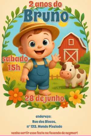 Convite Aniversário Fazendinha Menino para Editar Online