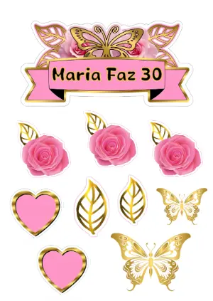 Topo de Bolo Rosas e Borboletas Douradas para Editar Online