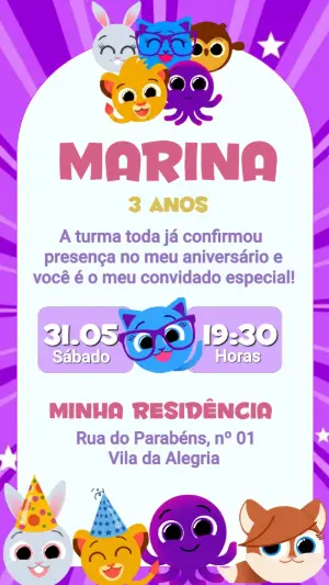 Convite de Aniversário Bolofofos Roxo e Rosa para Editar