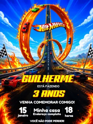 Convite de Aniversário Hot Wheels Carros de Corrida Editável