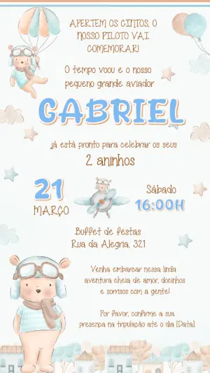 Convite de Aniversário Urso Aviador Aquarela Editável