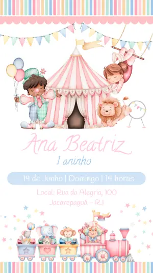 Convite de Aniversário Circo Rosa para Editar Online