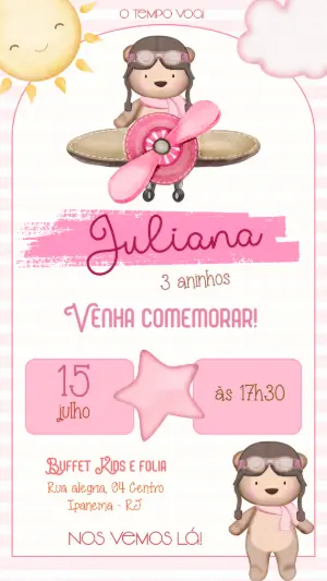 Convite de Aniversário Ursinha Aviadora Rosa para Editar