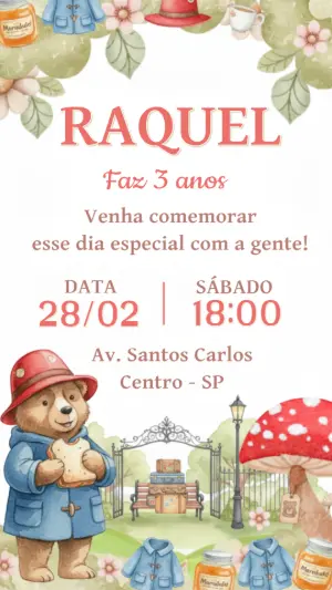Convite de Aniversário Ursinho Paddington Aquarela para Editar
