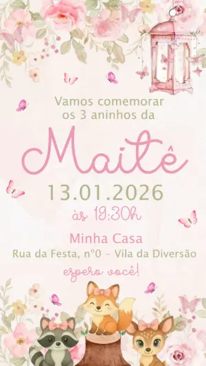 Convite Editável Aniversário Menina Bosque Encantado Rosa