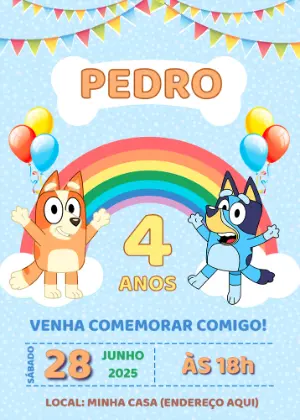 Convite Aniversário Bluey e Bingo para Editar Online