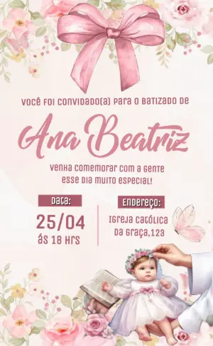 Convite de Batizado Floral Rosa Delicado para Editar