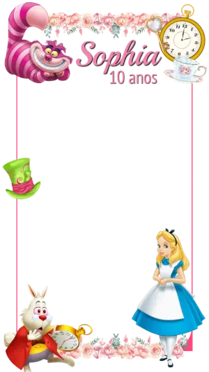 Moldura de Aniversário Alice no País das Maravilhas Editável