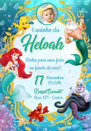 Convite de Aniversário Pequena Sereia Fundo do Mar com foto para Editar