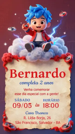 Convite de Aniversário Menino Herói Cabelo Azul para Editar