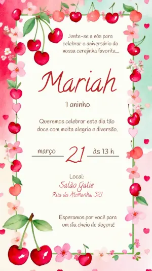 Convite de Aniversário Tema Cerejinha Aquarela para Editar