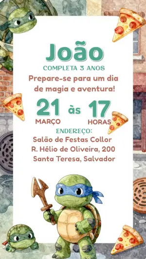 Convite de Aniversário Tartarugas Heróis Aquarela para Editar