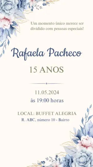 Convite de 15 Anos Floral Azul e Rosa para Editar Online
