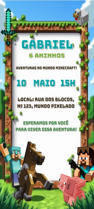 Convite de Aniversário Minecraft com Personagens para Editar