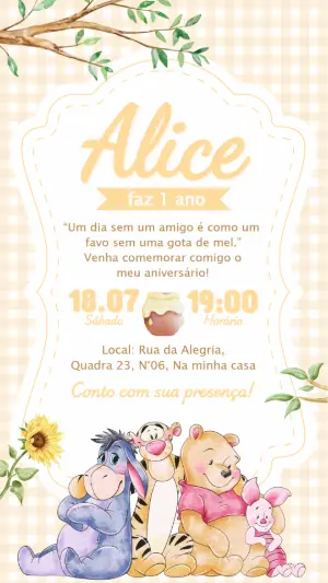 Convite de Aniversário Ursinho Pooh Aquarela para Editar