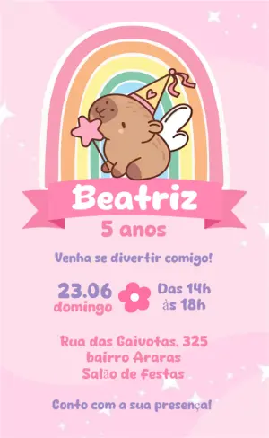 Convite Aniversário Capivara Fofa e Arco-íris para Editar
