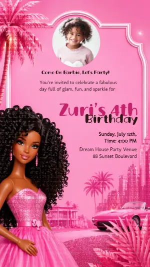 Barbie Black Doll Birthday Invitation Editable Template