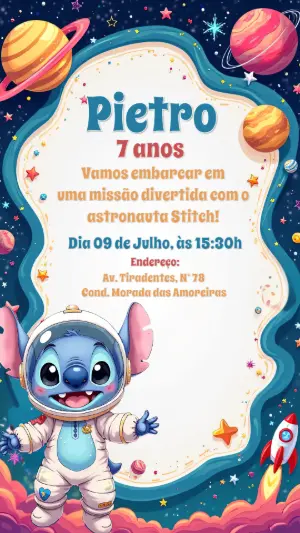 Convite Aniversário Stitch Astronauta para Editar Online