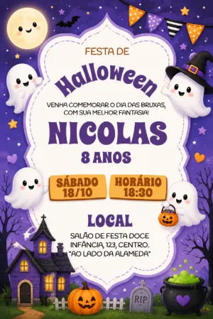 Convite Digital Infantil de Halloween Roxo para Editar Online