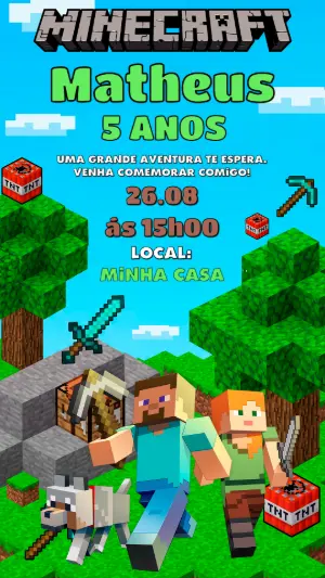 Convite de Aniversário Minecraft: Modelo Digital Editável