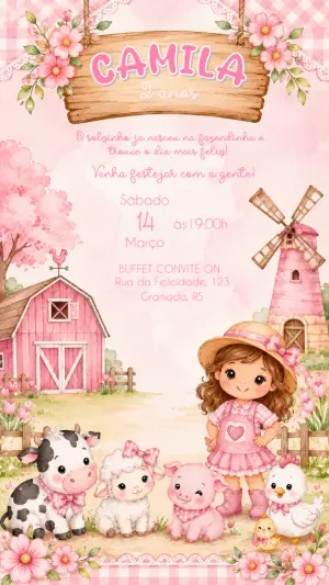 Convite de Aniversário Fazendinha Rosa para Menina Editável