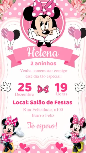 Convite de Aniversário Minnie Rosa com Bolinhas para Editar