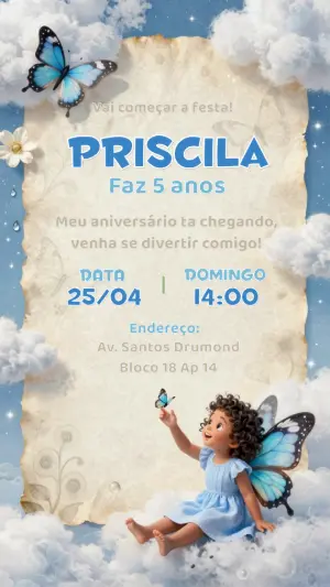 Convite de Aniversário Fada Borboleta no Céu Editável