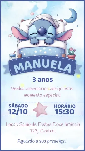 Convite de Aniversário Stitch Fofo para Editar Online
