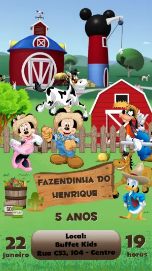 Convite Digital Infantil Fazendinha do Mickey Editável