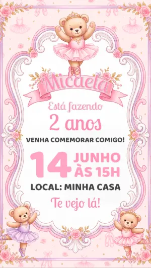 Convite de Aniversário Ursinha Bailarina Rosa Modelo Editável