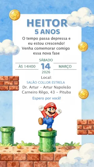 Convite de Aniversário Super Mario Aquarela para Editar Online