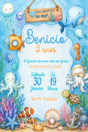 Convite de Aniversário Fundo do Mar Aquarela para Editar