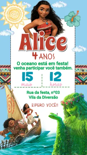 Convite de Aniversário Moana Tropical para Editar e Enviar