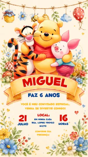 Convite de Aniversário Ursinho Pooh Aquarela Editável