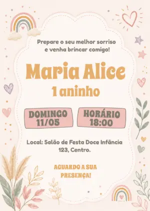 Convite de Aniversário Boho Arco-Íris Editável para Menina