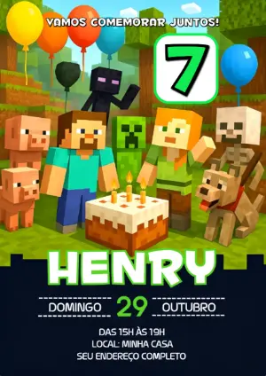 Convite de Aniversário Minecraft Editável com Personagens