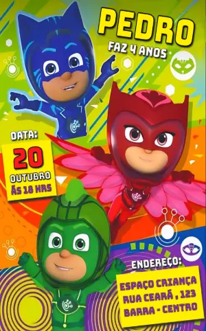 Convite de Aniversário PJ Masks com Heróis para Editar Online