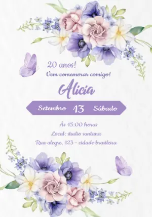 Convite de Aniversário Floral Lilás com Borboletas para Editar
