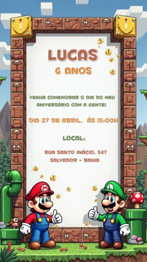 Convite Aniversário Super Mario com Personagens para Editar Online