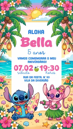 Convite de Aniversário Stitch e Angel Tropical para Editar