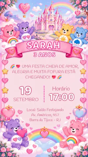Convite de Aniversário Ursinhos Carinhosos Editável para Menina
