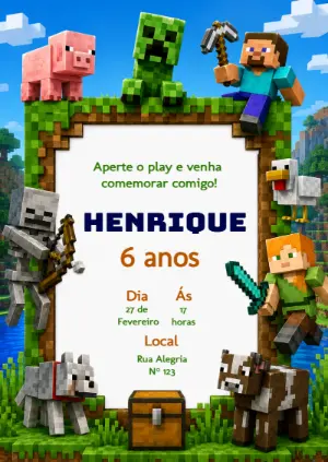 Convite de Aniversário Minecraft Editável para Festa Infantil