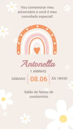 Convite Digital Aniversário Infantil Arco-Íris Boho Editável