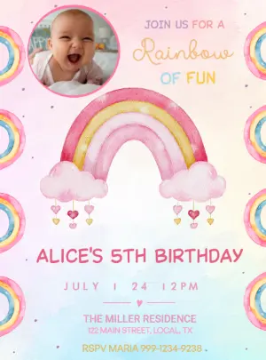 Pastel Rainbow Birthday Invitation Editable Template with Photo
