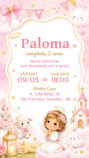 Convite de Aniversário Tema Anjinha Aquarela para Editar